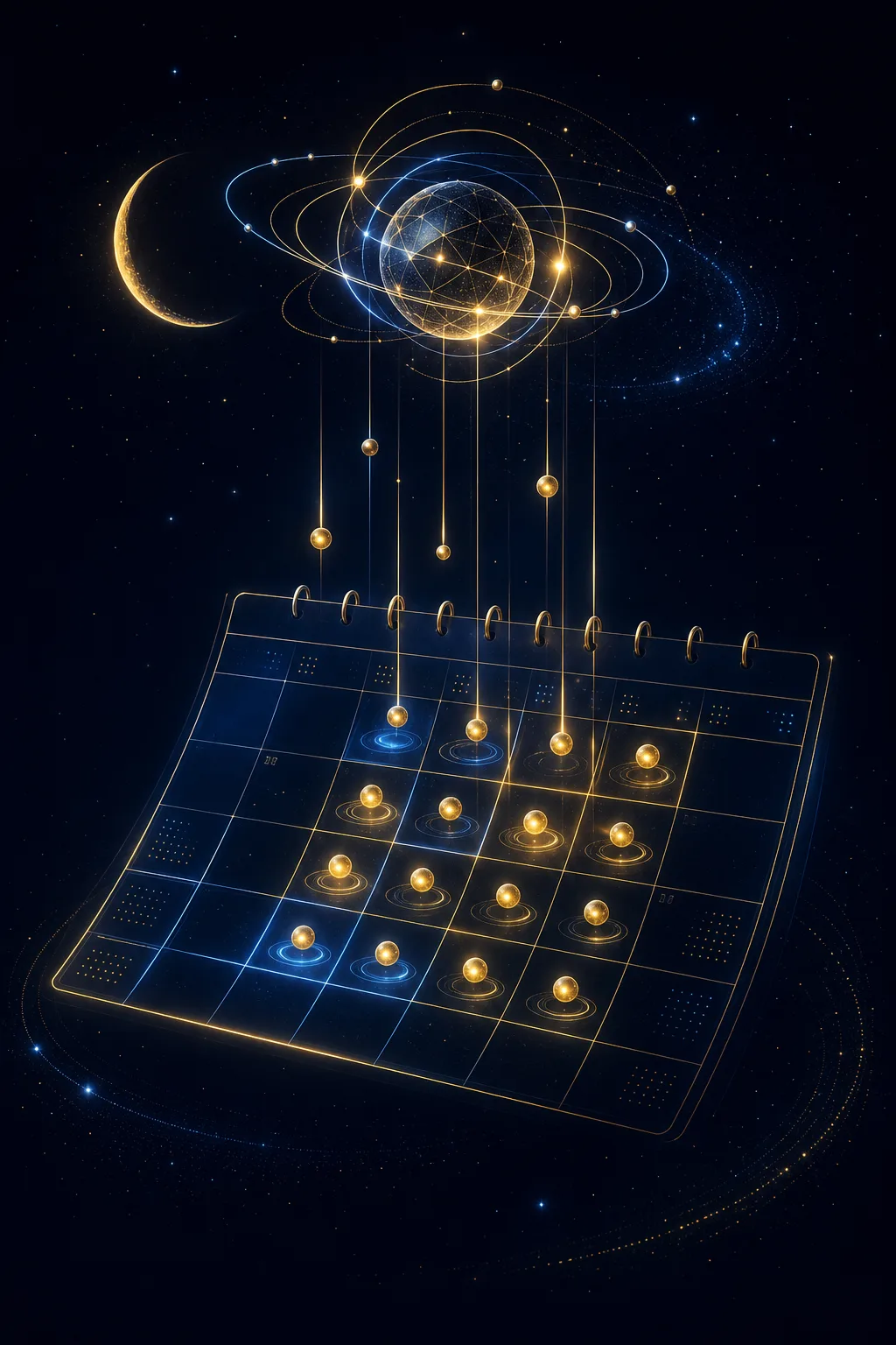 Calendar grid in dark space with golden orbs dropping into time slots