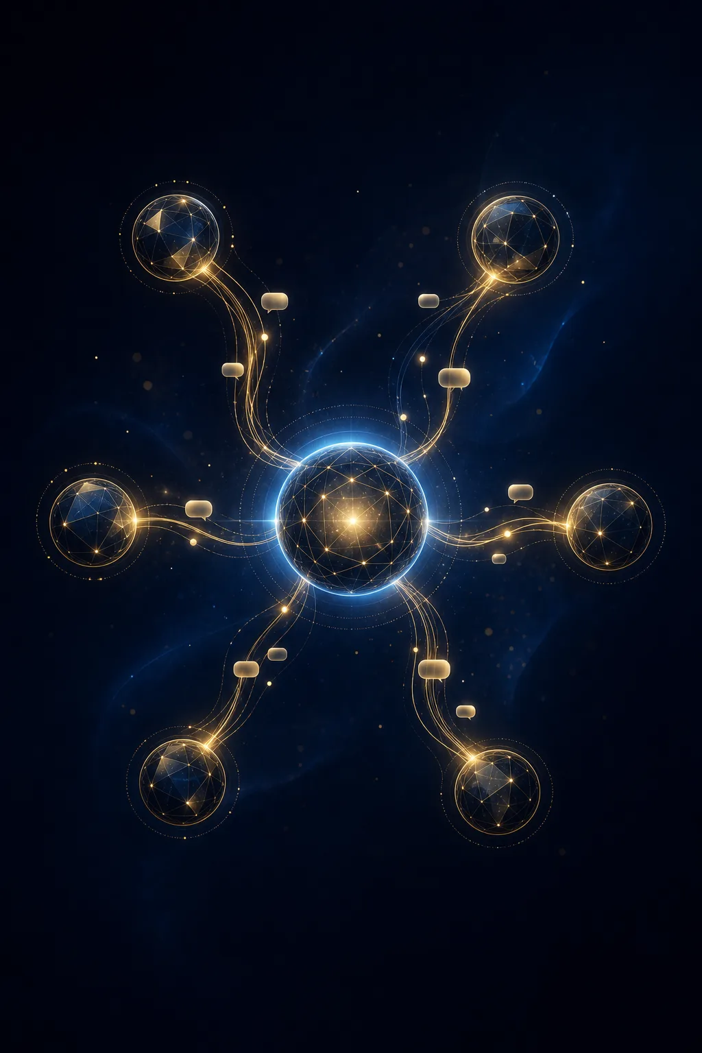 Six social platforms connected by golden threads to one AI hub