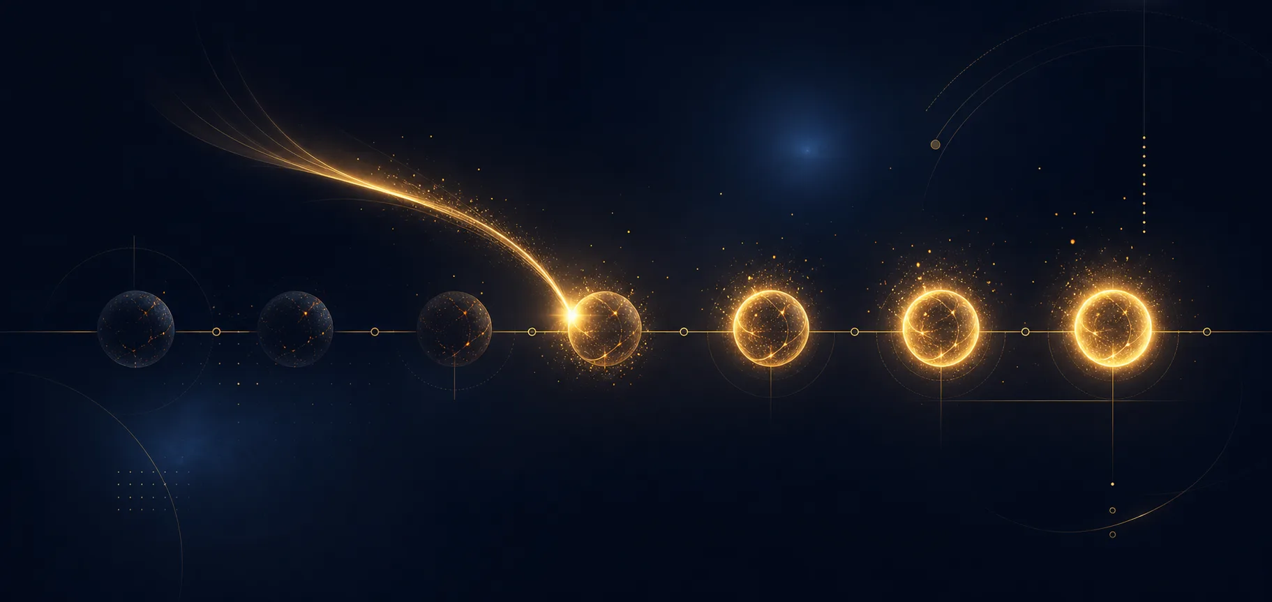 Dimming ember orbs being re-ignited by a traveling golden spark along a timeline