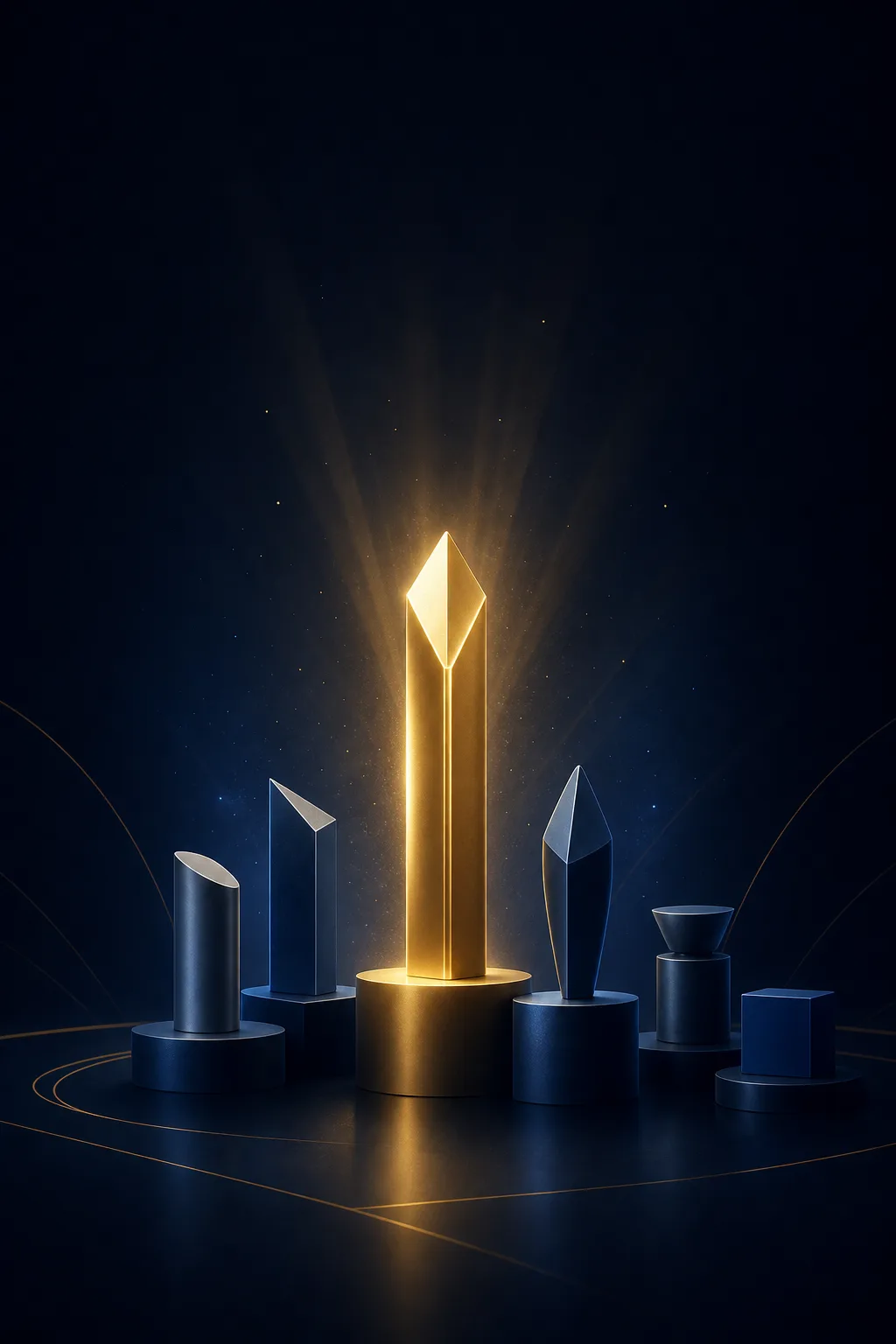 Ranking podium of prospecting tool categories with the leader glowing gold