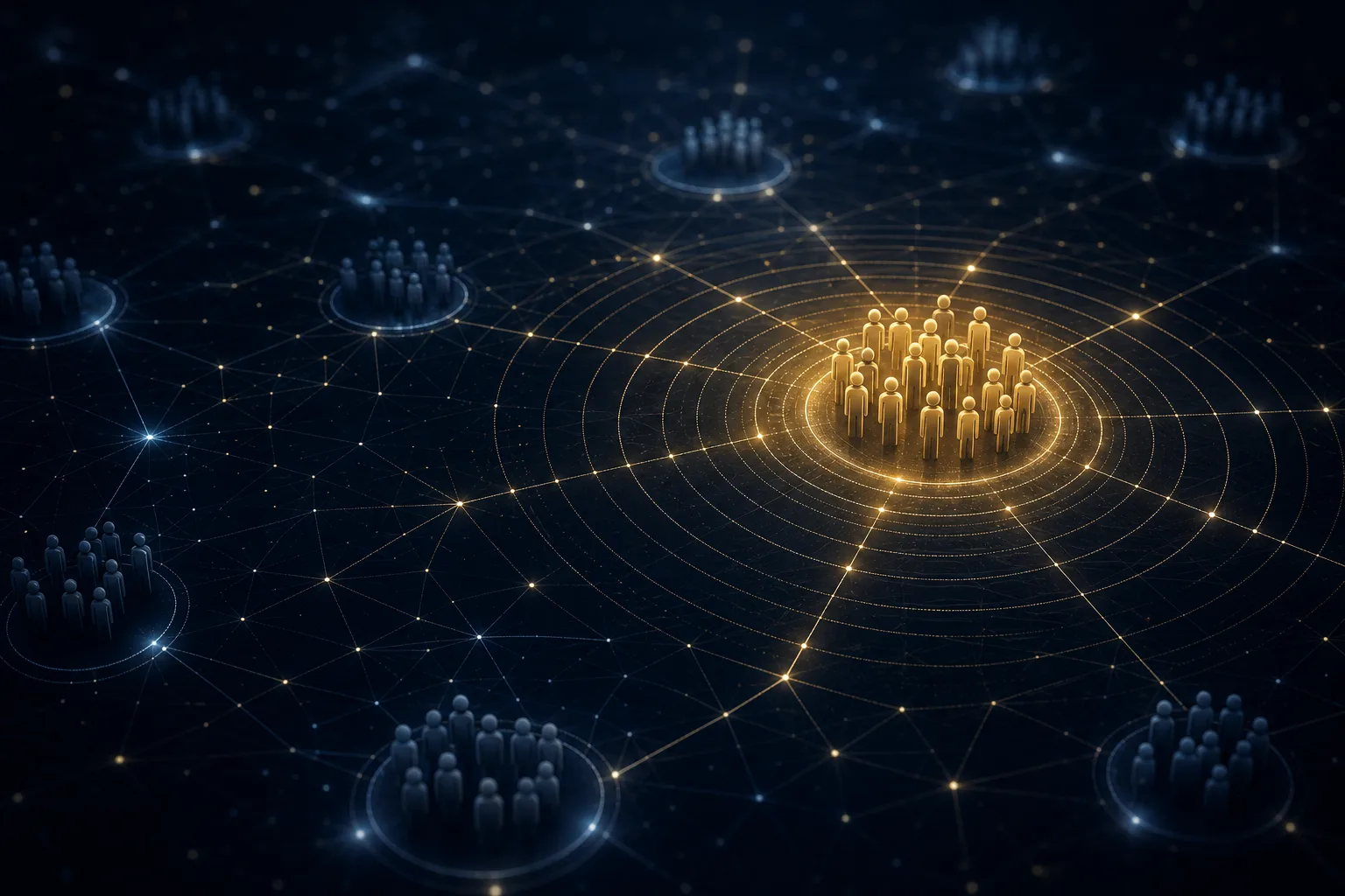 Community clusters on a dark network map, one glowing gold with message ripples