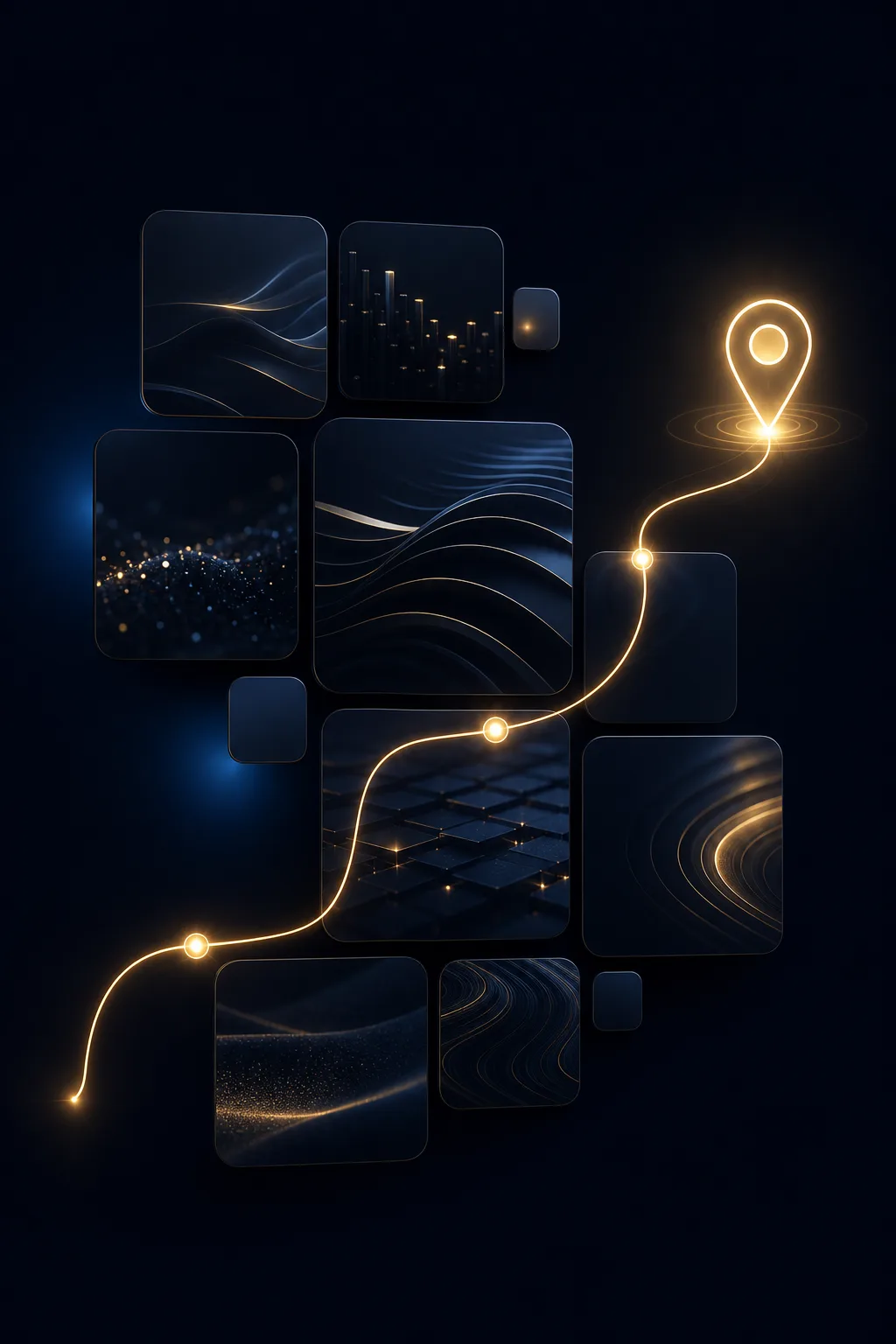 Photo tile mosaic with a golden conversation thread weaving toward a booking