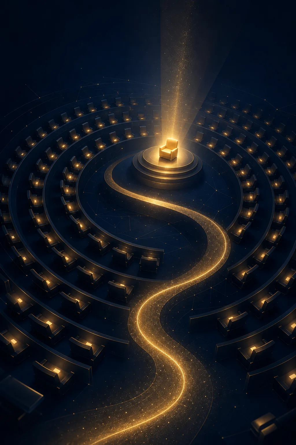 Tiered community amphitheater with a golden path spiraling to one radiant seat