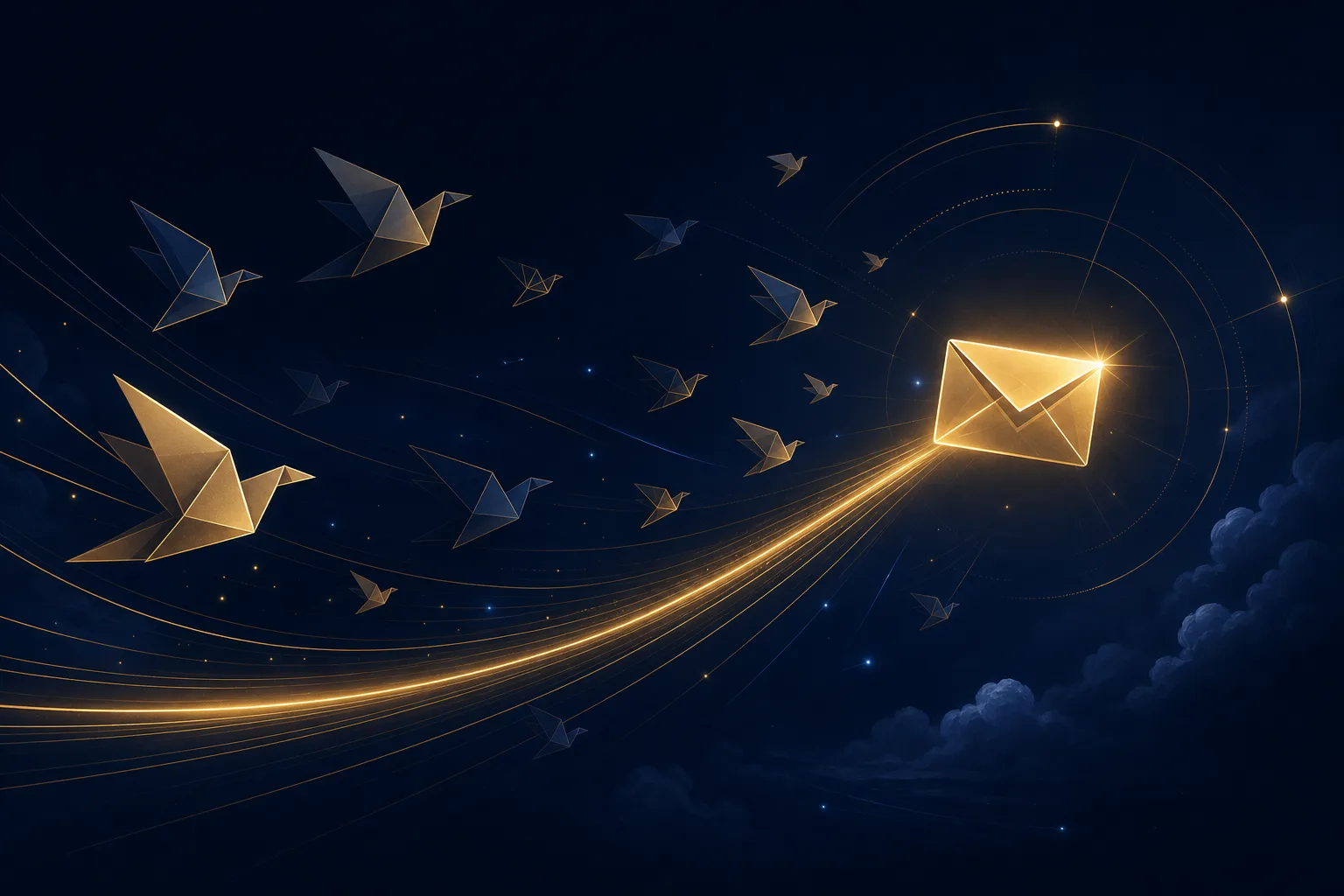 Message birds in a dark sky with one golden streamline converging into a DM envelope