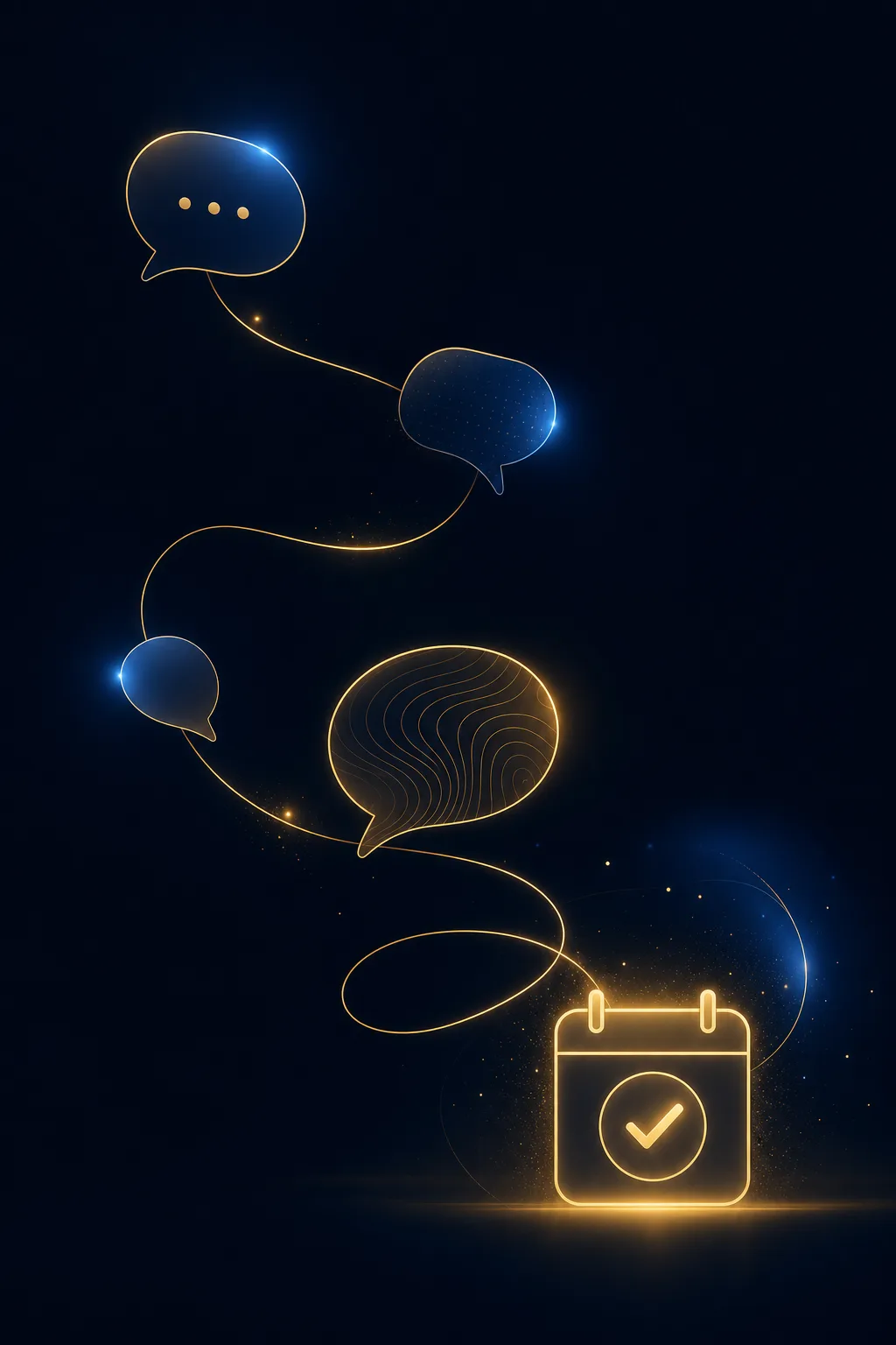 Chat bubbles connected by a golden thread ending in a calendar check mark